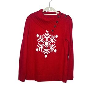 Talbots Women's Red Snowflake Wool Blend Cowl Neck Sweater Size Medium